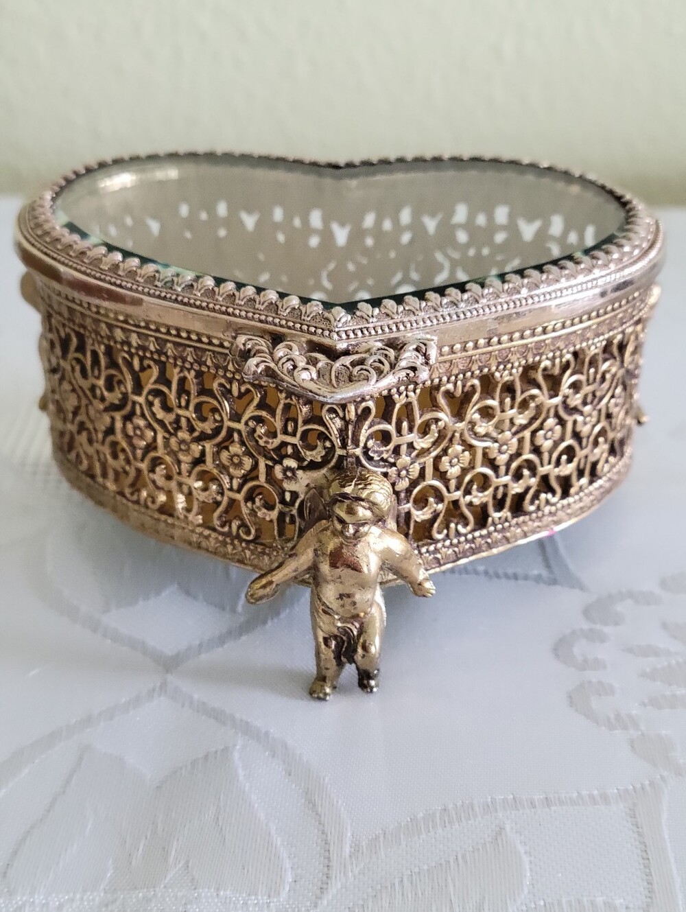 1940s Vintage Regency Solid Brass Filigree,heart Shap Hinged Lid Box.